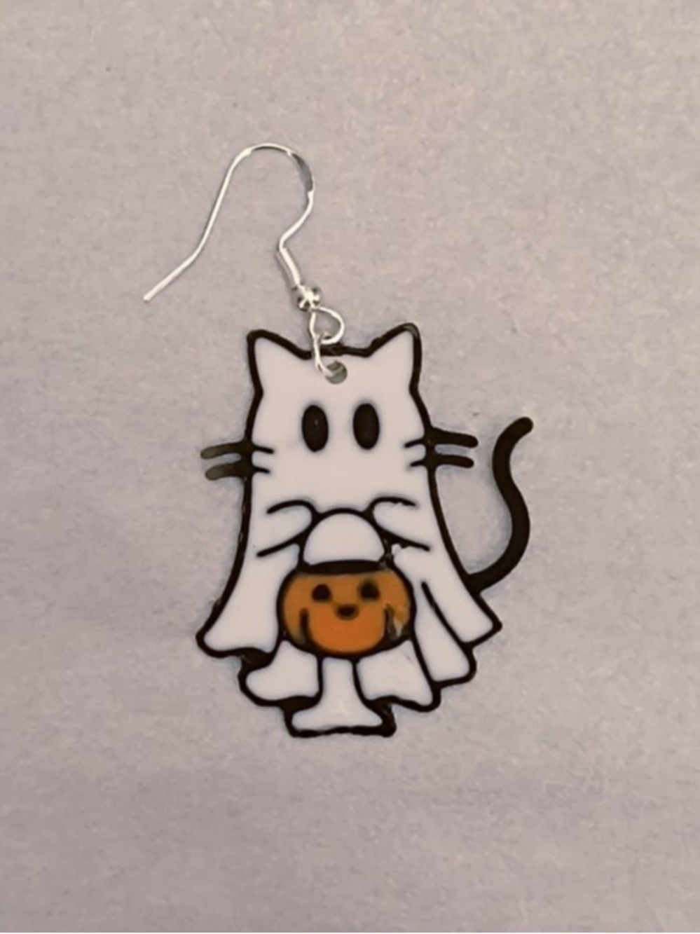 Ghost Cat Halloween Charm Earring in White and Orange